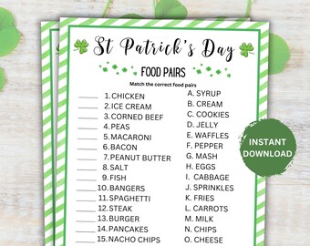 Printable St Patrick's Day Food Pairs Game,  St Paddys Day Game Activity, St Pattys Day Adult & kids games,  St Patrick's Day Party Games