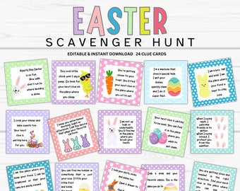 Easter Scavenger Hunt for Kids, 24 Easter Hunt Clues, Editable Easter Scavenger Hunt, Easter Bunny Egg Hunt, Editable Easter Scavenger Clues