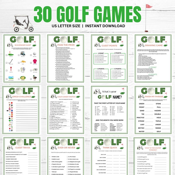 Lot de jeux de golf, Jeux de société avec montre de golf, Jeux de fête d'anniversaire de golf, Jeux de fête sur le thème du golf, Jeux de golf à imprimer, Jeux de fête de sport