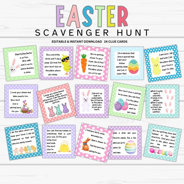 Easter Scavenger Hunt for Kids, 24 Easter Hunt Clues, Editable Easter Scavenger Hunt, Easter Bunny Egg Hunt, Editable Easter Scavenger Clues