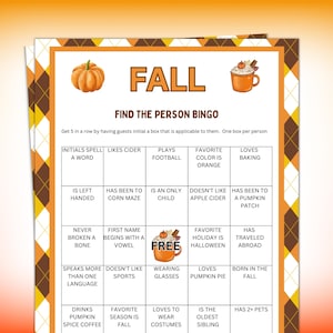 Fall Game, Vind de persoon Bingospel, Fall Game voor kinderen en volwassenen, Fall Party, Autumn Party Game, Afdrukbaar Fall Festival Game