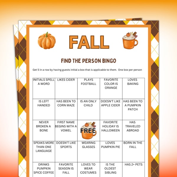 Fall Game, Find the Person Bingo game, Fall Game for Kids and Adults, Fall Party, Autumn Party Game, Printable Fall Festival Game