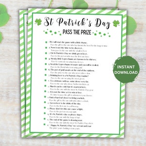 May include: Printable St. Patrick's Day game instructions with green shamrocks and a green and white striped background. The instructions include passing a prize around the group based on different criteria, such as who has known the host the longest, who has the smallest feet, and who is wearing the most green. The text "INSTANT DOWNLOAD" is in the bottom right corner.