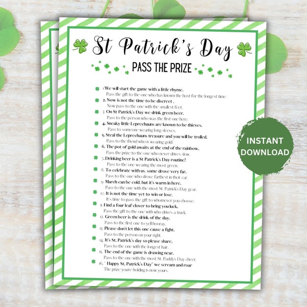 Printable St Patrick's Day Pass the Prize Game, St Paddy's Day Game Activity, St Pattys Day Adult & kids game, St Patricks Day Party Game