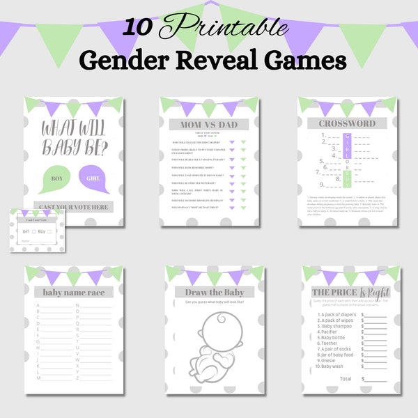 Purple and Green Themed Gender Reveal Game Bundle is the perfect way to entertain your guests at your gender reveal party or baby shower.