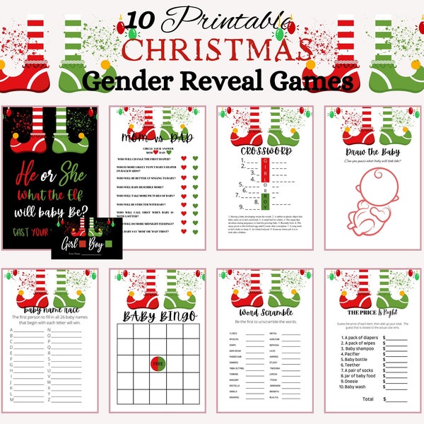 Baby Gender Reveal Printable Games in Elf shoe theme are perfect for your December holiday or Christmas Gender Reveal or baby shower ELF1214