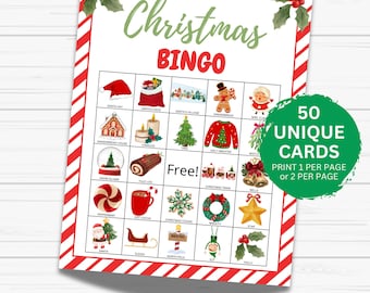May include: A printable Christmas bingo card with 50 unique cards. The card features a red and white striped background with a green and red holly sprig in the top right corner. The card has 25 squares with various Christmas-themed images, including a Santa hat, Santa's sack, a gingerbread house, a Christmas tree, a snowman, a candy cane, a stocking, a bell, a star, and a Christmas wreath.
