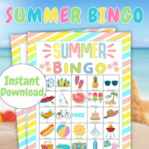 May include: A vibrant "Summer Bingo" game sheet with a beach theme. The game board includes summer-related images such as a kayak, watermelon, and sunglasses. The words "Summer Bingo" are displayed in bright colours, and "Instant Download" is also visible.