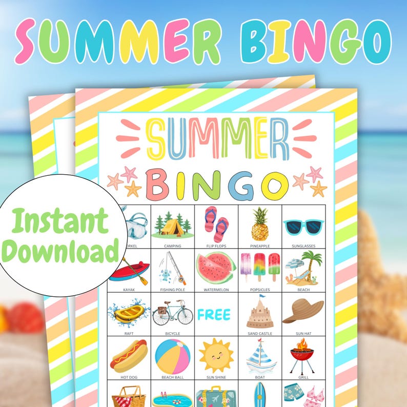 May include: A vibrant "Summer Bingo" game sheet with a beach theme. The game board includes summer-related images such as a kayak, watermelon, and sunglasses. The words "Summer Bingo" are displayed in bright colours, and "Instant Download" is also visible.