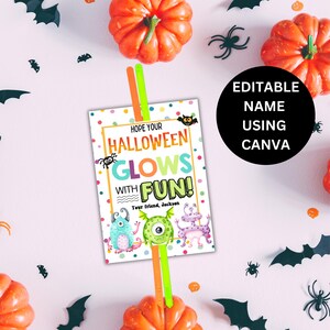 May include: A colorful printable Halloween card with the text "Hope your Halloween glows with fun!" and a space to add a name. The card features a cartoon monster design with a white background and colorful polka dots.