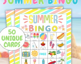 50 SUMMER Bingo Cards, Fun Summer Bingo Game, Kid Summer Activity, Fun Summer Game, School Party Game, Camp Activity, Summer birthday Game