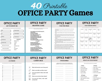 May include: A set of printable office party games. The games include "Get to Know Me", "Drawing Game", "Pass the Prize", "Find Someone Bingo", "A-Z Race", "Candy Dice", "Unscramble", and "What's in Your Phone?"