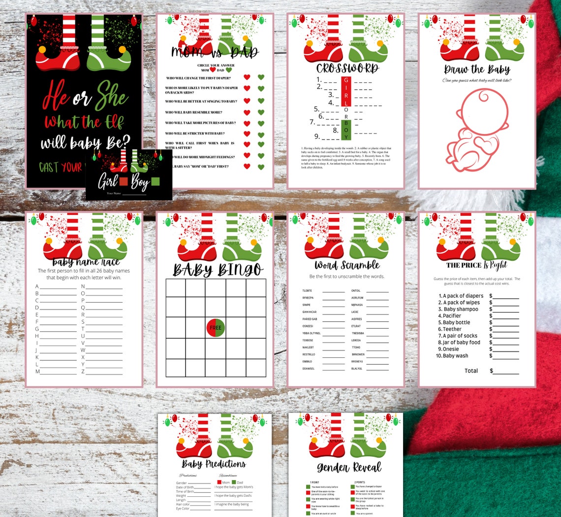 Baby Gender Reveal Printable Games in Elf Shoe Theme Are - Etsy