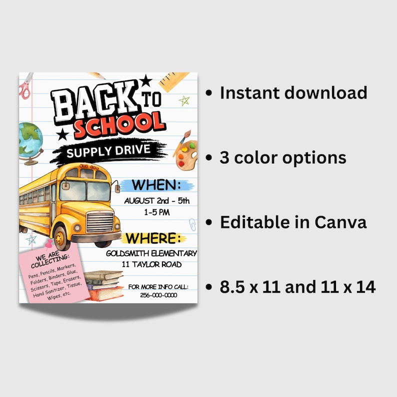 Editable School Supply Drive Flyer Canva Template, Back to School Drive ...
