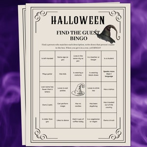 Könnte beinhalten: Eine Halloween-Bingo-Karte mit einem Hexenhut in der Mitte. Die Karte hat 25 Felder mit verschiedenen Aufforderungen, um einen Gast auf einer Party zu finden, wie z. B. "Ist Linkshänder", "Spielt Gitarre", "Liebt es, Gurken zu essen", "Besitzt 2 Haustiere", "Ist größer als du", "Tanzt gerne", "Hat heute 2 Tassen Kaffee getrunken", "Ist Vegetarier oder Veganer", und "Besitzt einen LKW".