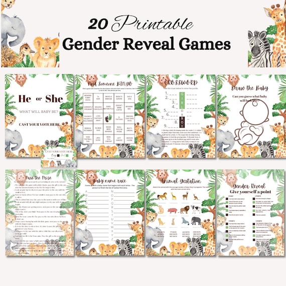 20 Gender Reveal Games SAFARI THEME perfect for Reveal party or baby shower, Gender reveal, Baby Shower Games Activities