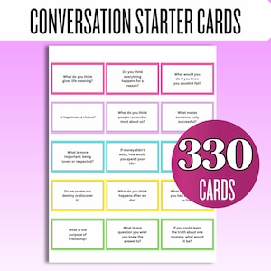 May include: A set of conversation starter cards arranged in a grid with colorful borders. The cards feature black text on white backgrounds. A large purple circle on the right side displays the white text 330 CARDS. The title reads CONVERSATION STARTER CARDS.