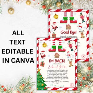 May include: Two Christmas-themed cards with red and white striped borders. One card says "Good Bye!" and the other says "I'M BACK!" with text that is editable in Canva. The cards feature illustrations of Santa, elves, and Christmas decorations.