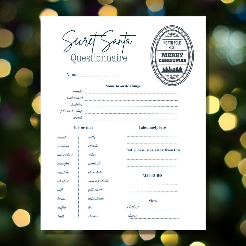 Secret Santa Questionnaire, Printable Christmas Gift Exchange Questions