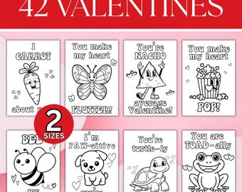 42 Valentines Coloring Cards, DIY Valentine Cards, Valentine's Day Cards for Kids, Classroom Activity, Printable Valentines