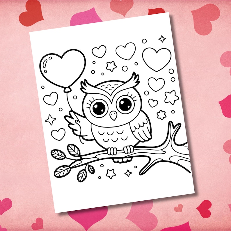 May include: Black and white illustration of an owl holding a heart-shaped balloon, perched on a branch. Surrounding the owl are various heart and star shapes. The image is on a white background with a pink heart pattern.