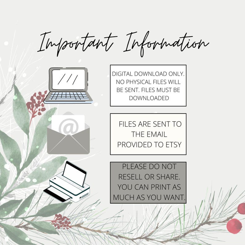 Op de afbeelding: Belangrijke informatie over digitale downloads. Alleen digitale download. Er worden geen fysieke bestanden verzonden. Bestanden moeten worden gedownload. De bestanden worden naar het e-mailadres gestuurd dat aan Etsy is verstrekt.  Handelaars mogen de bestanden niet doorverkopen of delen. U kunt zoveel afdrukken als u wilt.