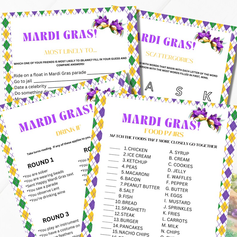 Printable Mardi Gras Game Bundle Party Games and Activities, Mardi Gras ...