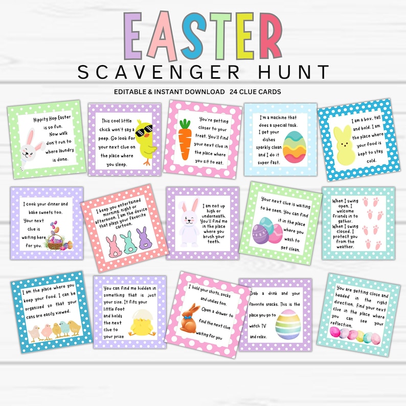 Easter Scavenger Hunt for Kids, 24 Easter Hunt Clues, Editable Easter Scavenger Hunt, Easter Bunny Egg Hunt, Editable Easter Scavenger Clues image 1