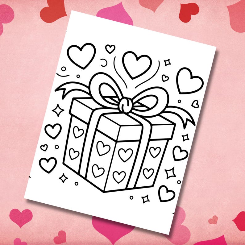 May include: Black and white line art of a gift box decorated with hearts and a large bow. The gift box is surrounded by hearts and stars, perfect for coloring or as a Valentine's Day design.