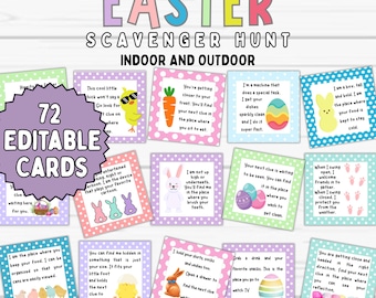 Puede incluir: 72 tarjetas editables de búsqueda del tesoro de Pascua. Las tarjetas son coloridas y presentan una variedad de imágenes con temática de Pascua, incluidos conejos, pollitos, huevos y zanahorias. Las tarjetas están diseñadas para ser utilizadas en una búsqueda del tesoro en interiores o exteriores.