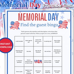 Juego de bingo del Día de los Caídos, Juegos familiares imprimibles, Juegos de fiesta patriótica, Juegos para niños y adultos, Actividad del Día de los Caídos, Juegos imprimibles