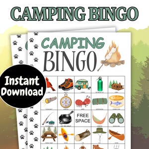 Jeu de 100 cartes de bingo de camping, Bingo de camping à imprimer, Activités de camp d'été, Jeux de camping pour fête d'anniversaire, Jeux de bingo de camping pour enfants