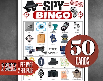 Spionage-Bingo zum Ausdrucken, Geheimagenten-Geburtstagsspiel, Detektiv-Bingo, 50 einzigartige Karten, Spionage-Aktivität, Spiel für den Unterricht, Sofort-Download
