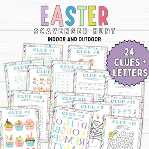 Búsqueda del tesoro de Pascua para adolescentes, 24 pistas para la búsqueda de huevos, búsqueda del tesoro del conejo de Pascua, juego de escape con canasta para interiores y exteriores, búsqueda del tesoro para niños mayores