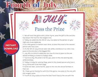Fourth of July Pass the Prize Game, Printable Family Games, Patriotic Party Game for Kids & Adults, July 4th Activity Printable Games