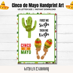 Artesanato de Cinco de Mayo, impressão de mão e pegada de Cinco de Mayo, lembrança de arte de impressão de mão para crianças, bebês e crianças pequenas, cartão DIY Cinco de Mayo