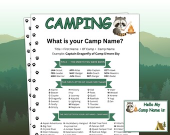 Camping Game for kids & adults, What's your Camp Name,  Camp Activity, Family Campfire Game, Adult Camping, Camp Party, Printable Camp Game