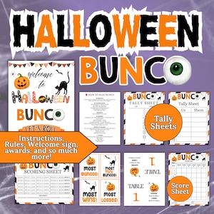 May include: A Halloween Bunco game set with orange and black accents. Includes a welcome sign, tally sheets, score sheets, and instructions. Features pumpkin and bat graphics, with the words "Halloween Bunco" prominently displayed.