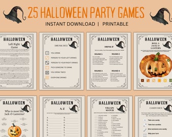 Op de afbeelding: Printbare Halloween-feestspelkaarten met verschillende spellen zoals "Left Right Game", "Drunk Dice", "Drink If", "Roll a Jack-O-Lantern", "Who is most like Jack-O-Lanterns?", "A-Z", "Villain Match" en "Candy Dice".