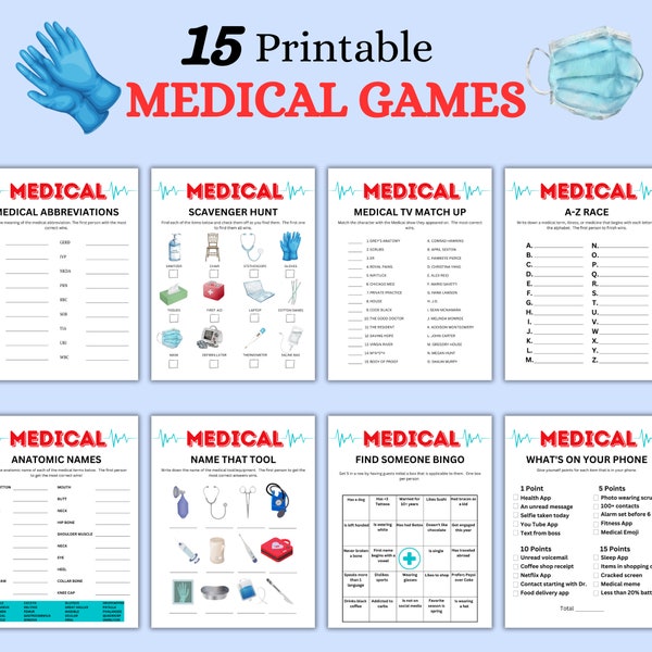 Medical Game Bundle, Printable nursing Games, Doctor games, Radiology games, Hospital party activities, Nursing graduation Games, Nurse Week