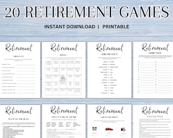 Puede incluir: Un conjunto de juegos imprimibles para una fiesta de jubilación. Los juegos incluyen "Think Test", "Bingo", "This or That", "Hobby Race", "Plaid on the I.D.", "You Can't Retire Me", "Guess the Prices" y "Pass the Prize".