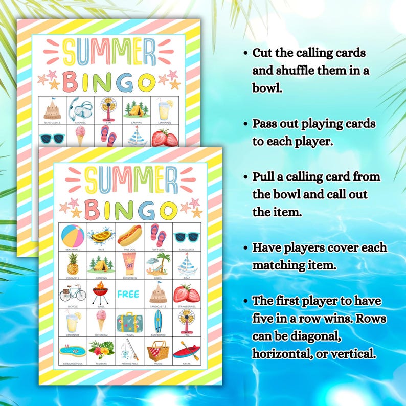 May include: Two "Summer Bingo" game cards featuring summer-themed illustrations, including a beach ball, ice cream, and sunglasses. The cards have a striped border and instructions on the right-hand side.