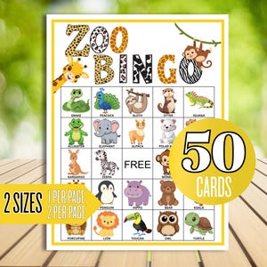 May include: A Zoo Bingo game card featuring a yellow border and animal illustrations including a snake, peacock, sloth, otter, iguana, alligator, elephant, alpaca, polar bear, kangaroo, zebra, monkey, penguin, hippo, bear, koala, porcupine, lion, toucan, owl, and turtle.