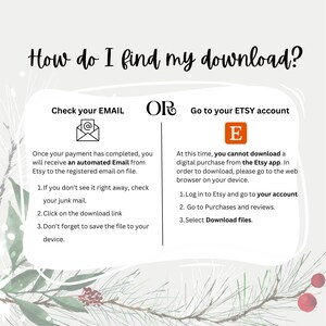Op de afbeelding: Een witte en groene afbeelding met de tekst "Hoe vind ik mijn download?" en instructies over hoe je een digitale aankoop van Etsy kunt downloaden. De instructies omvatten het controleren van je e-mail of het bezoeken van je Etsy-account.
