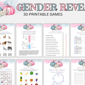 May include: A set of 30 printable gender reveal games featuring a blue and pink pumpkin theme. The games include a crossword puzzle, animal gestation, find someone bingo, size of baby, draw the baby, baby name race, and boy or girl.