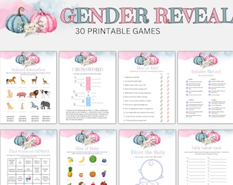 Peut inclure: Un ensemble de 30 jeux de révélation de sexe imprimables sur le thème de la citrouille bleue et rose. Les jeux comprennent un mot croisé, la gestation des animaux, le bingo pour trouver quelqu'un, la taille du bébé, dessiner le bébé, la course aux prénoms de bébé et garçon ou fille.