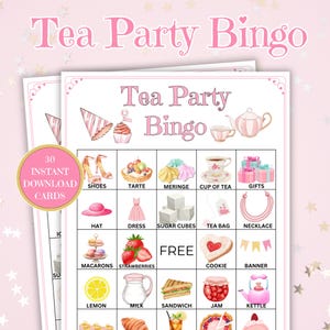 May include: A pink and white tea party bingo card with 30 instant download cards. The card has images of tea party items like shoes, a hat, a dress, sugar cubes, a tea bag, a necklace, macarons, strawberries, a cookie, a banner, a lemon, milk, a sandwich, jam, and a kettle.