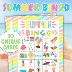 30 cartelas de bingo de VERÃO, jogo divertido de bingo de verão, atividade de verão para crianças, jogo divertido de verão, jogo de festa escolar, atividade de acampamento, jogo de aniversário de verão