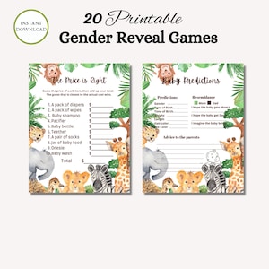 Peut inclure: Deux cartes de jeu de r&eacute;v&eacute;lation de sexe imprimables sur le th&egrave;me de la jungle. La premi&egrave;re carte est intitul&eacute;e "Le prix est juste" et contient une liste d'articles pour b&eacute;b&eacute;s avec un espace pour deviner le prix. La deuxi&egrave;me carte est intitul&eacute;e "Pr&eacute;dictions pour b&eacute;b&eacute;" et contient une liste de pr&eacute;dictions sur le b&eacute;b&eacute;, notamment le sexe, la date de naissance, le poids, la taille, la couleur des cheveux et la couleur des yeux. Les deux cartes pr&eacute;sentent une vari&eacute;t&eacute; d'animaux de la jungle, notamment une girafe, un z&egrave;bre, un lion, un &eacute;l&eacute;phant et un singe.
