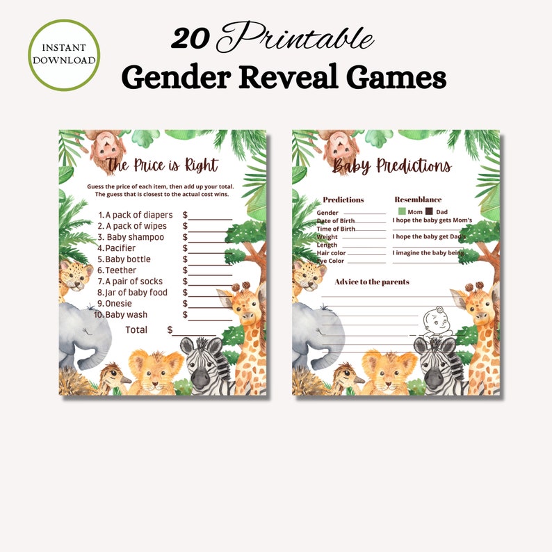 Peut inclure: Deux cartes de jeu de r&eacute;v&eacute;lation de sexe imprimables sur le th&egrave;me de la jungle. La premi&egrave;re carte est intitul&eacute;e "Le prix est juste" et contient une liste d'articles pour b&eacute;b&eacute;s avec un espace pour deviner le prix. La deuxi&egrave;me carte est intitul&eacute;e "Pr&eacute;dictions pour b&eacute;b&eacute;" et contient une liste de pr&eacute;dictions sur le b&eacute;b&eacute;, notamment le sexe, la date de naissance, le poids, la taille, la couleur des cheveux et la couleur des yeux. Les deux cartes pr&eacute;sentent une vari&eacute;t&eacute; d'animaux de la jungle, notamment une girafe, un z&egrave;bre, un lion, un &eacute;l&eacute;phant et un singe.